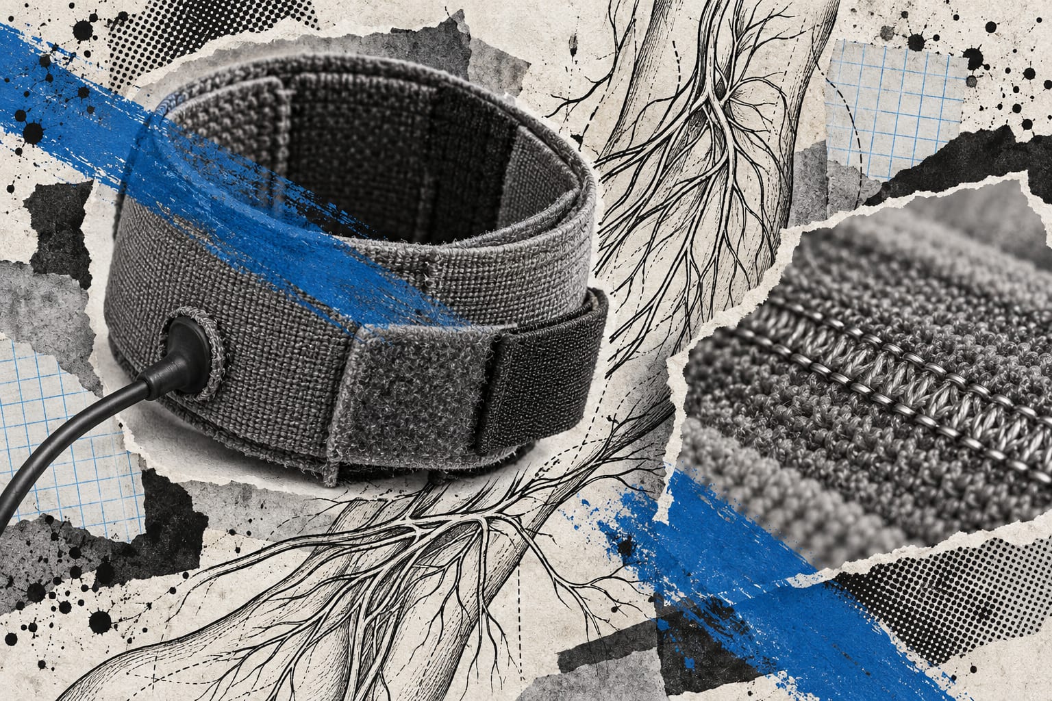 A collage shows a generic wearable electrode cuff and its fastening materials, with drawn nerve pathways and cool blue brush strokes.