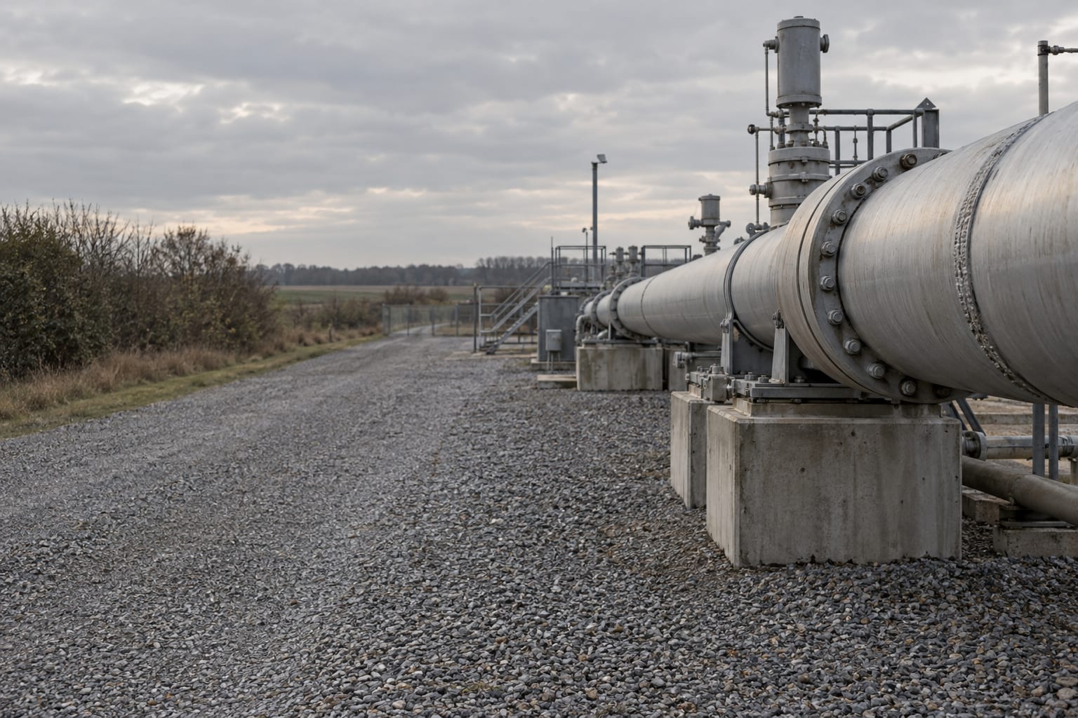 A generic gas-pipeline launcher stands on concrete saddles beside an empty gravel maintenance corridor.