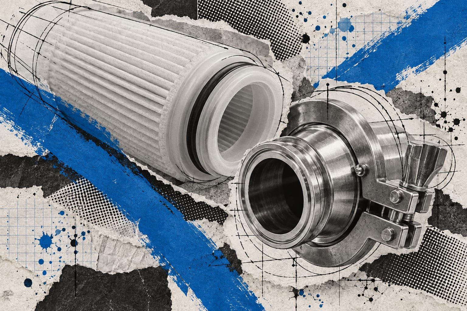 A mixed-media collage shows a pleated purification filter and a stainless steel sanitary hose coupling crossed by cool blue paint strokes.
