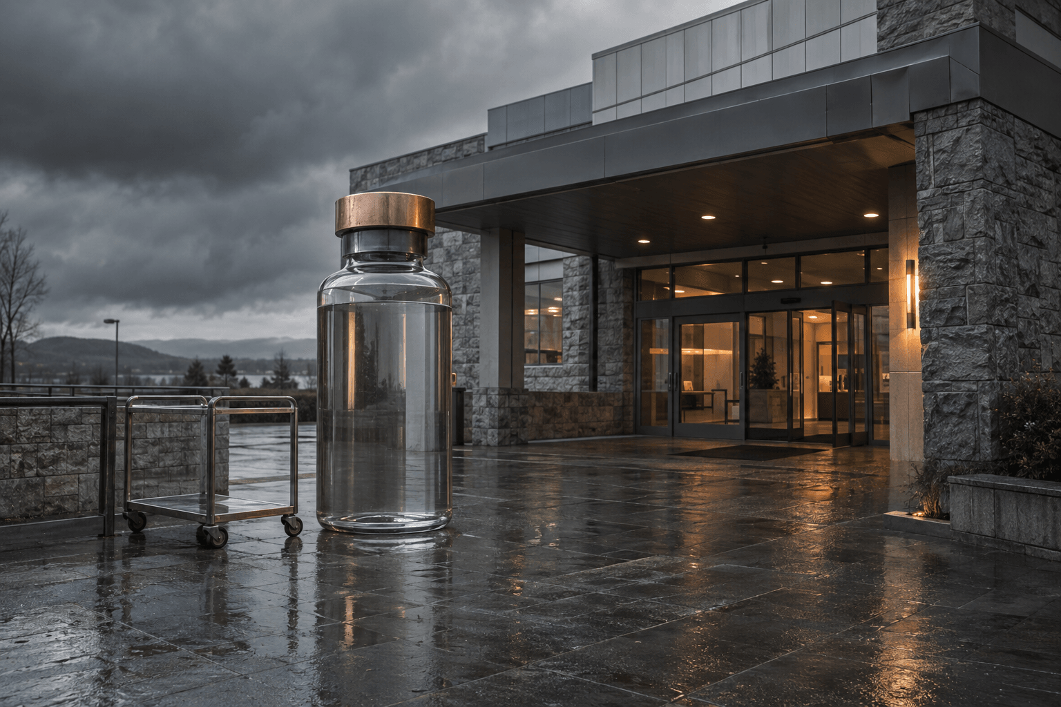 An oversized sealed medicine vial stands beside a generic nuclear medicine clinic entrance under a stormy sky.