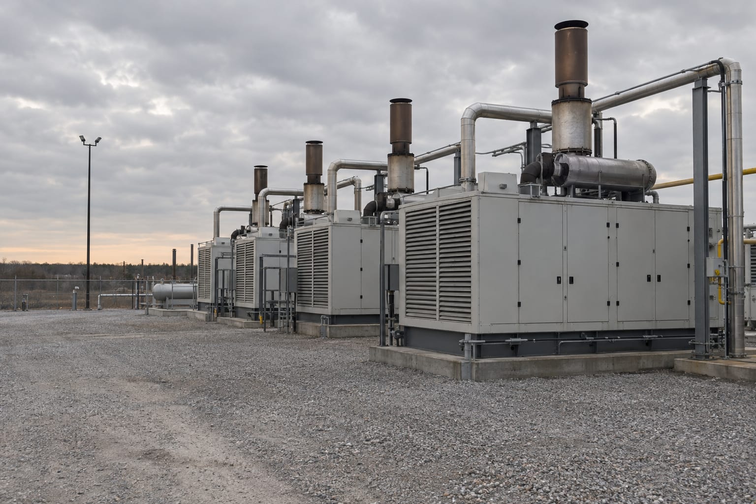 Enclosed gas generator units stand beside pipework in an empty gravel power yard under grey clouds.