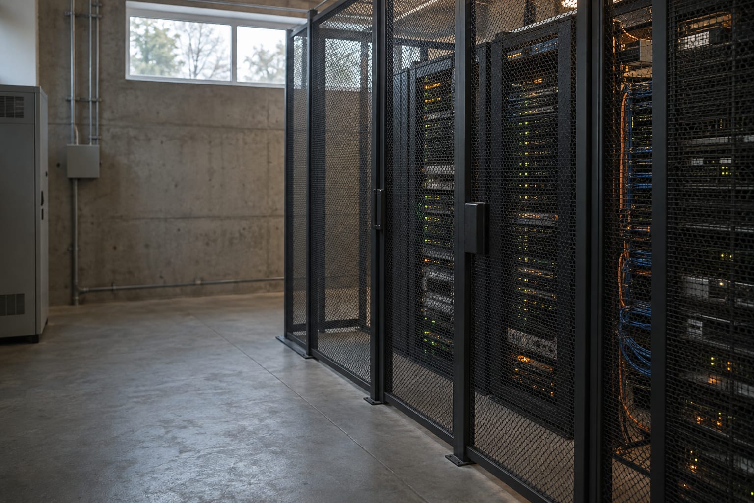 An anonymous server rack stands behind a mesh partition in a generic equipment room.