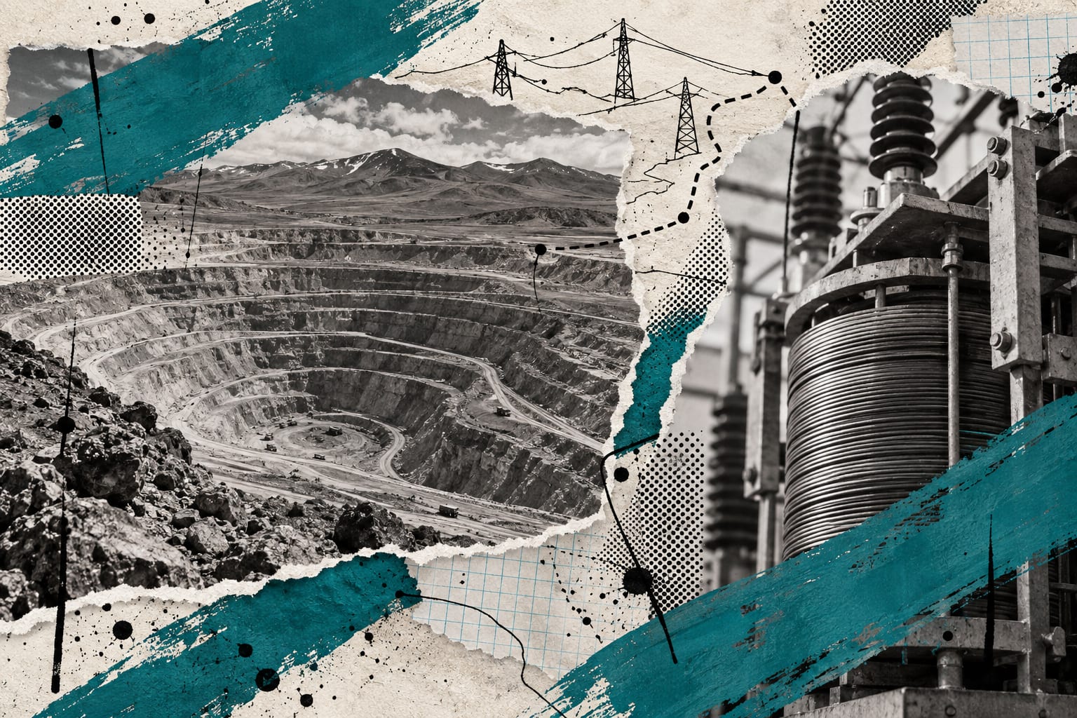 An anonymous copper mine road and an electrical transformer appear in a teal and monochrome editorial collage.