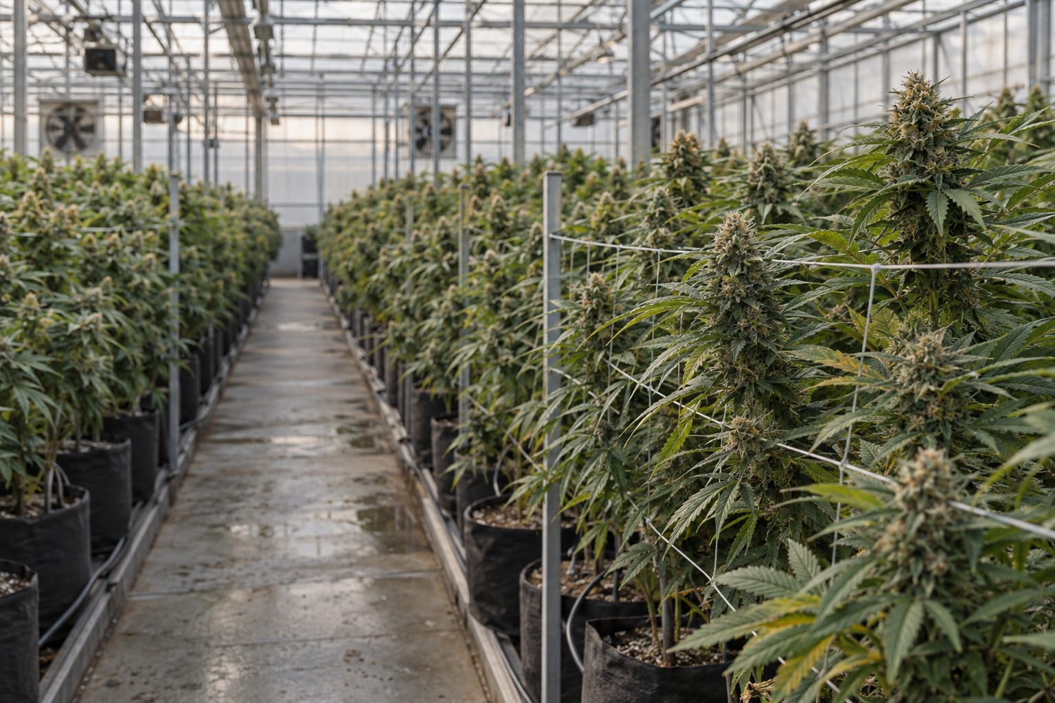 A greenhouse aisle runs between rows of cannabis plants under diffuse daylight.