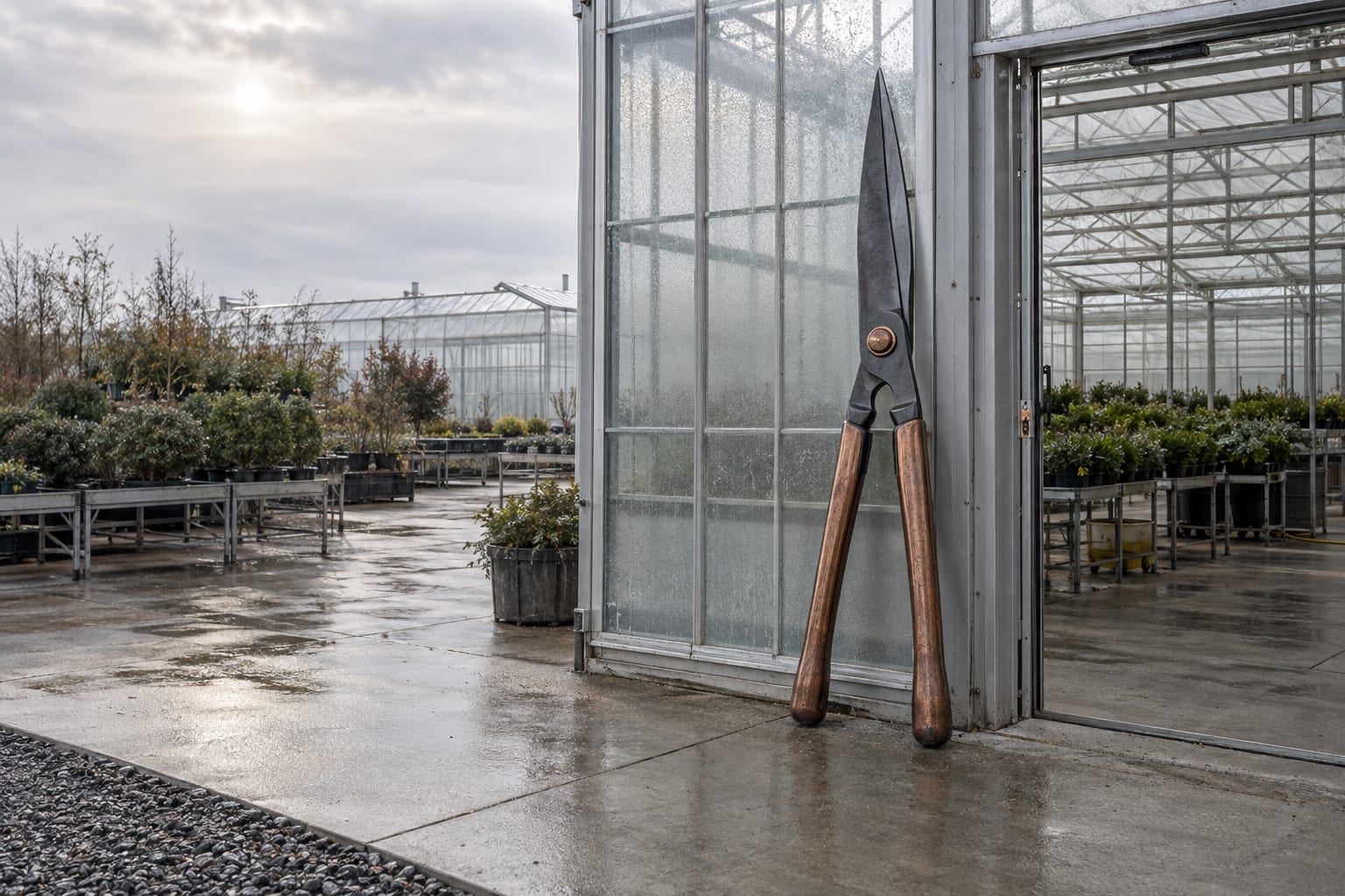 An oversized trimming shear stands beside an anonymous greenhouse service entrance under a bright overcast sky.