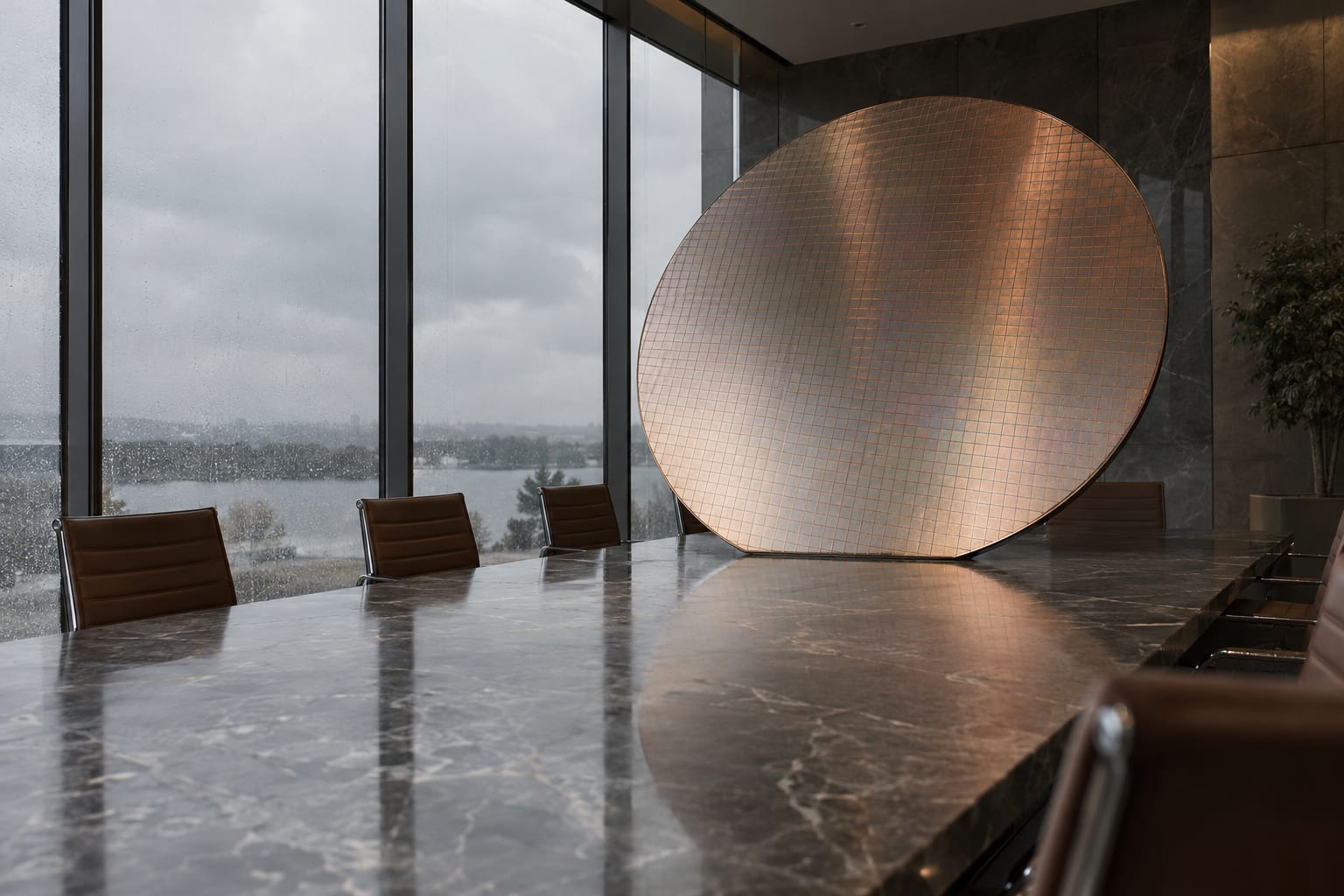 An oversized unmarked silicon wafer leans against a table in an empty glass boardroom.