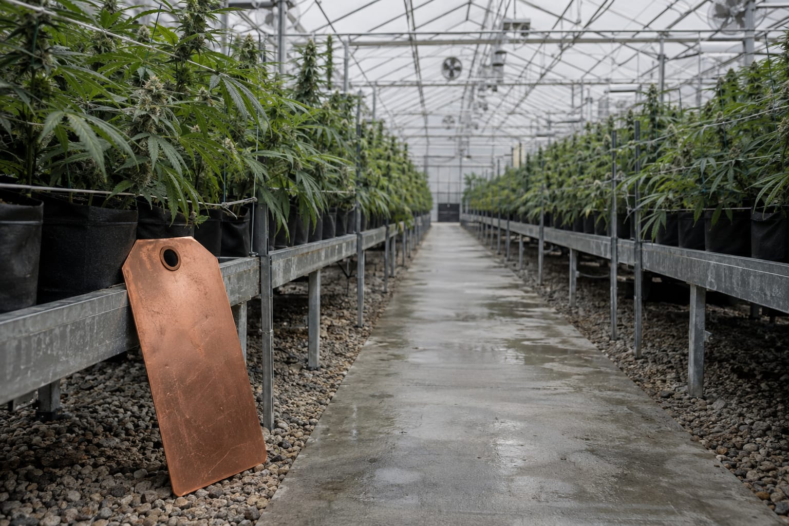 An oversized blank metal price tag leans beside cannabis plants in an anonymous greenhouse aisle.