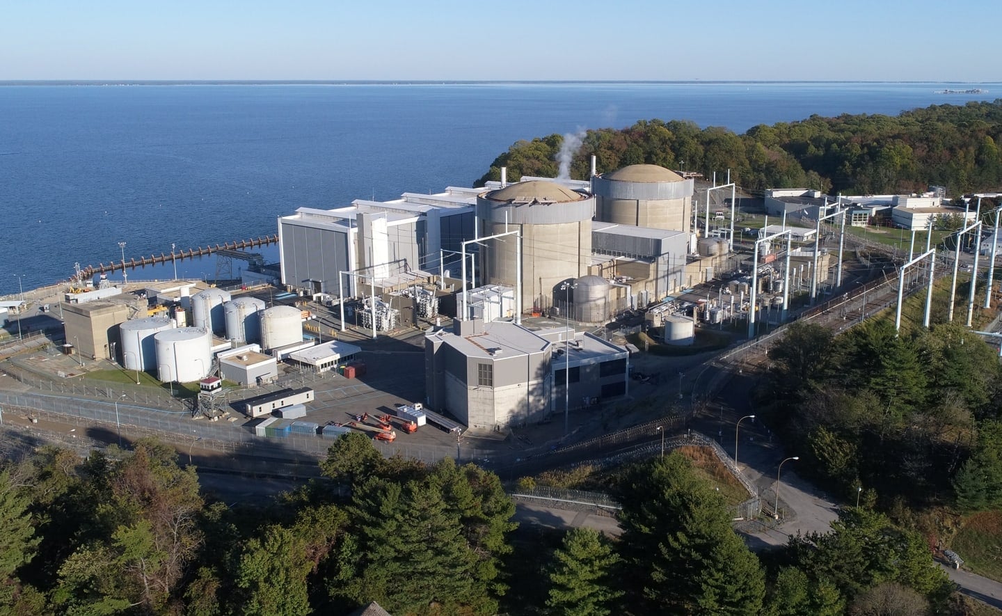 An aerial view shows the Calvert Cliffs nuclear power plant and its surrounding grounds.
