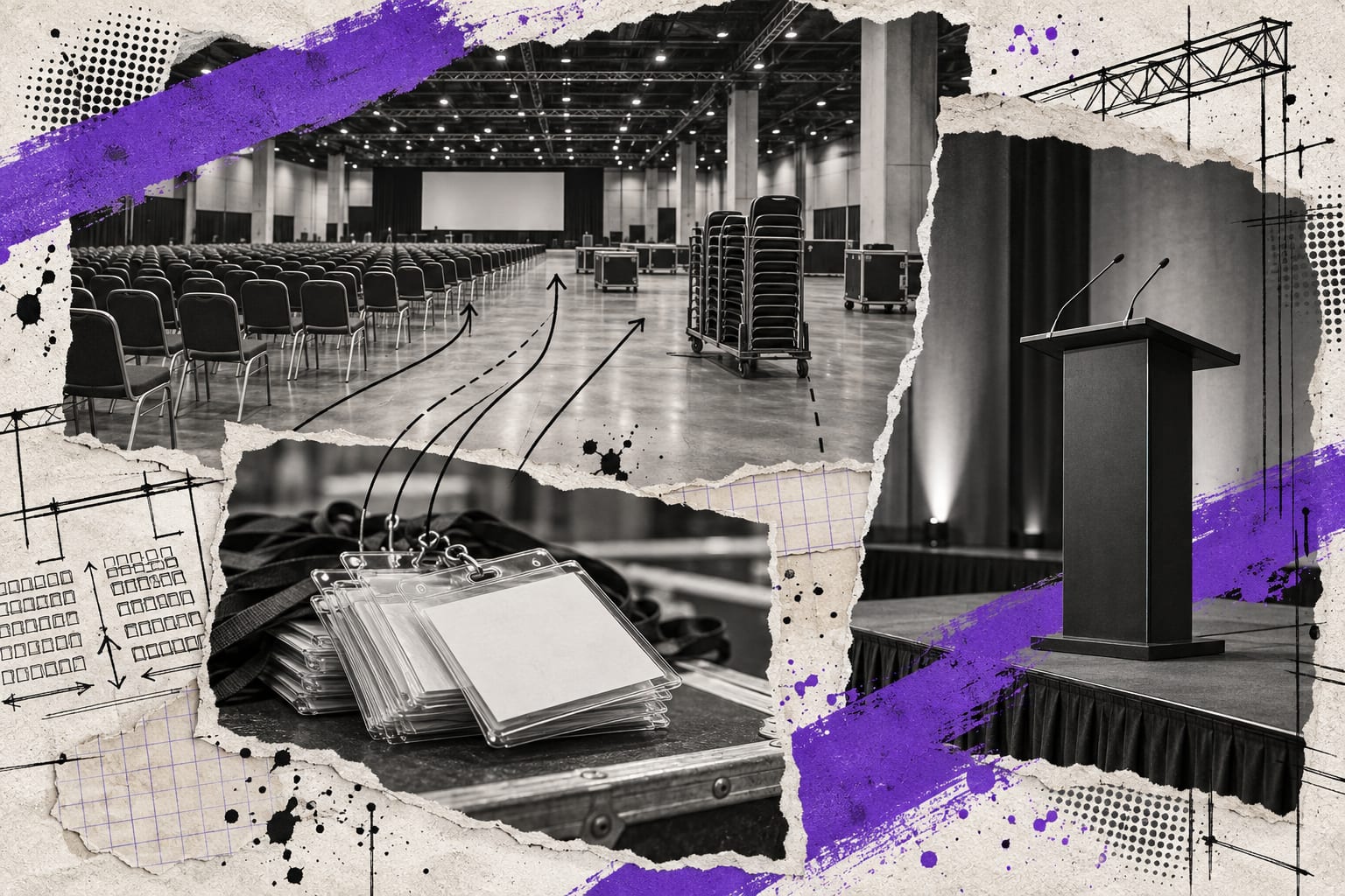 An editorial paper collage combines an empty convention hall, blank badge holders and a lectern beneath violet strokes.