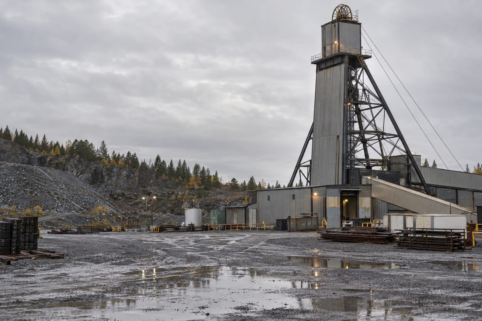 A generic mine shaft headframe rises beyond a wet gravel yard under an overcast sky.