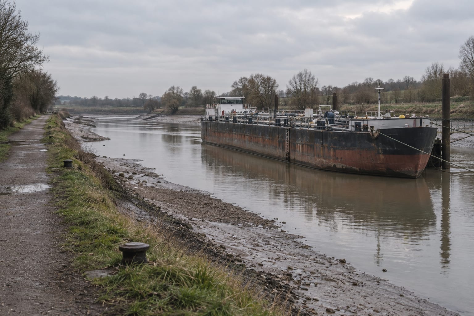 An unbranded fuel barge rests in a shallow river channel beneath an overcast sky.