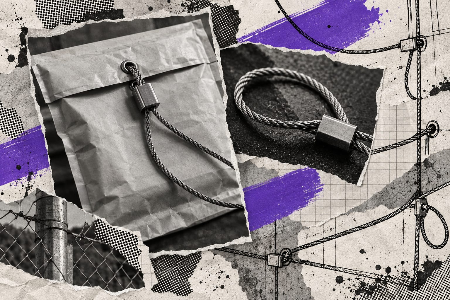 Black-and-white cut-outs of a sealed document pouch and braided security cable overlap violet brush strokes and ink lines.