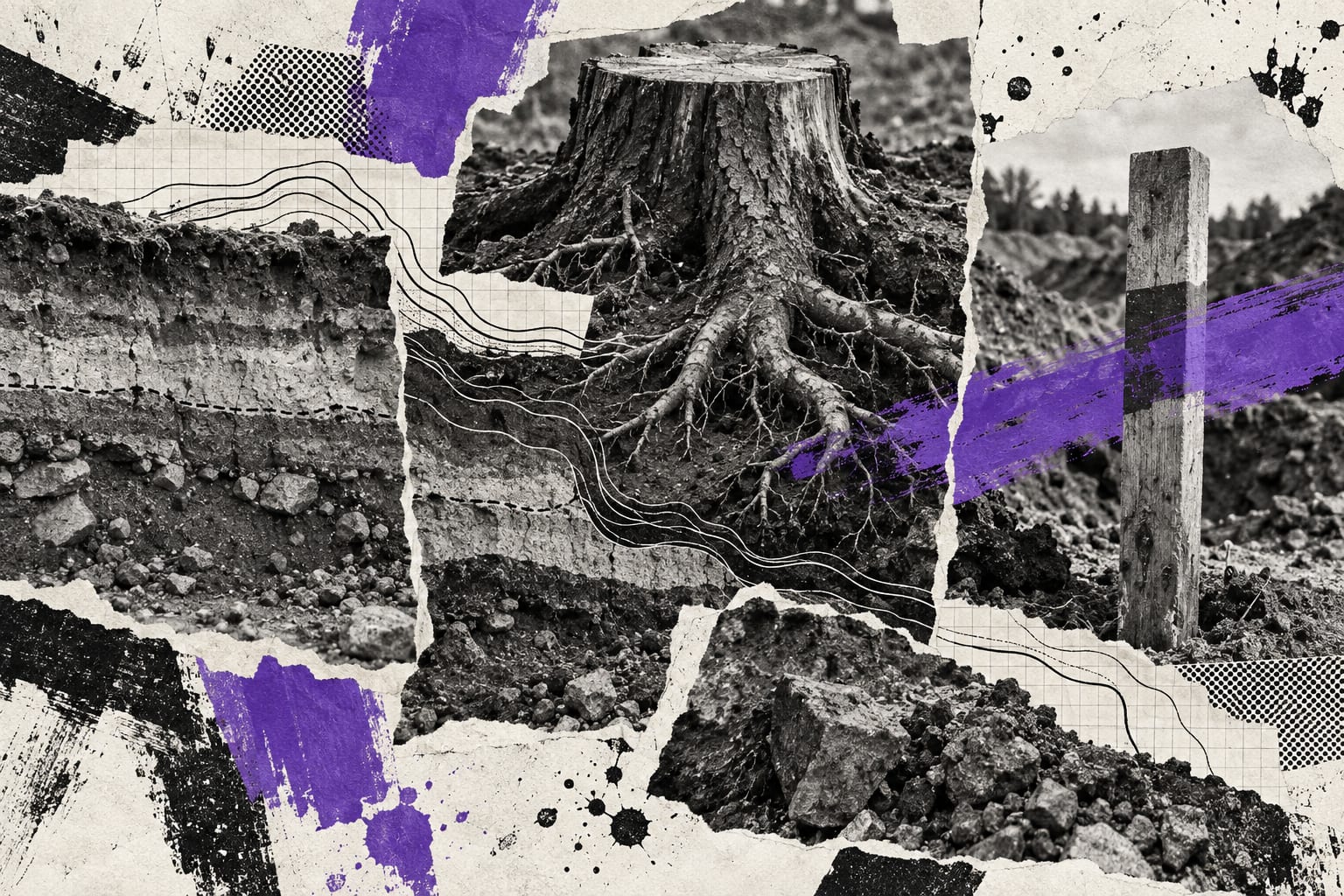 A collage of a tree stump, exposed soil layers and a survey stake is crossed by violet paint.