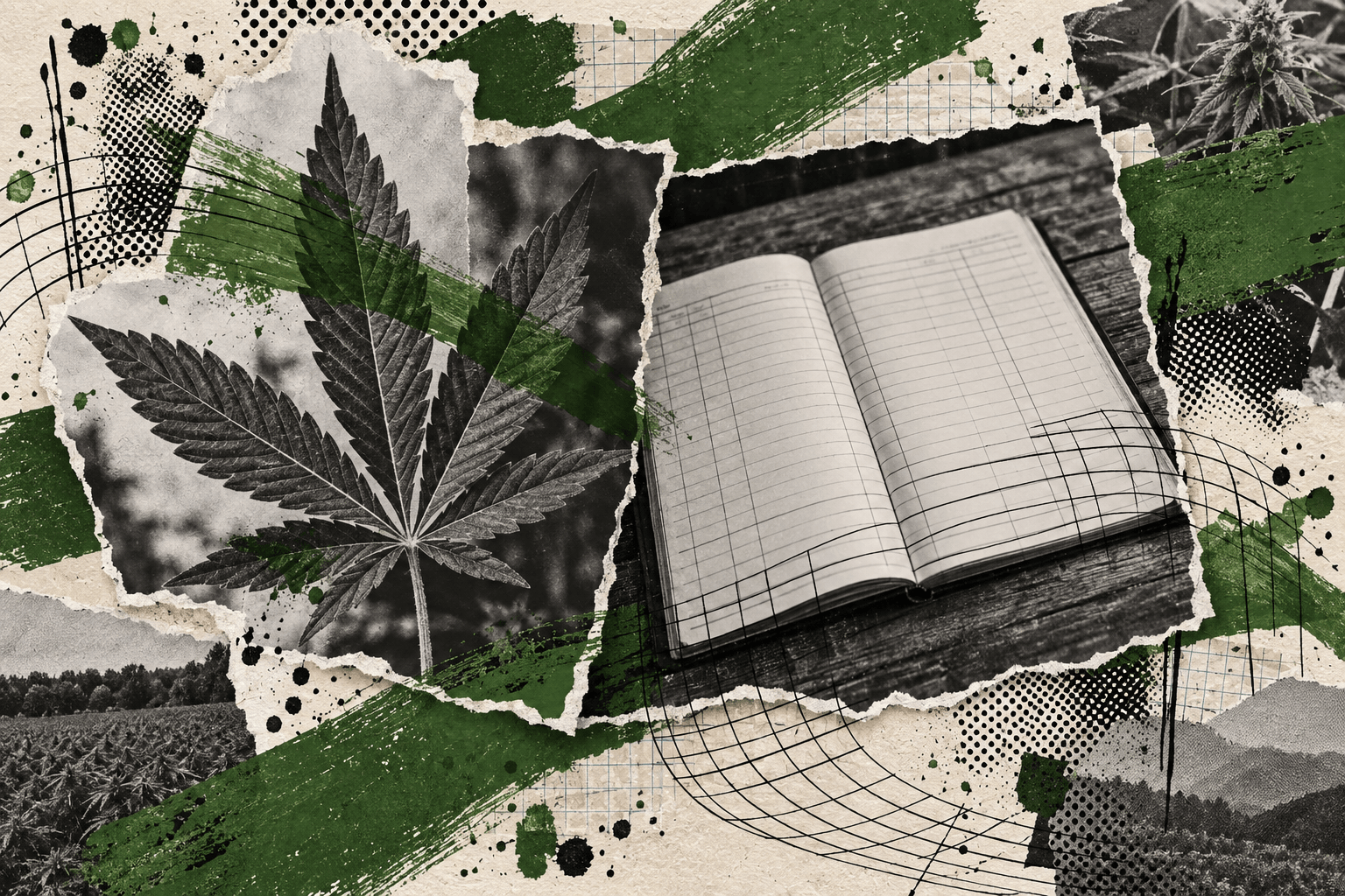 A black-and-white collage shows a cannabis leaf over blank ledger pages, crossed by green paint and ink grid lines.