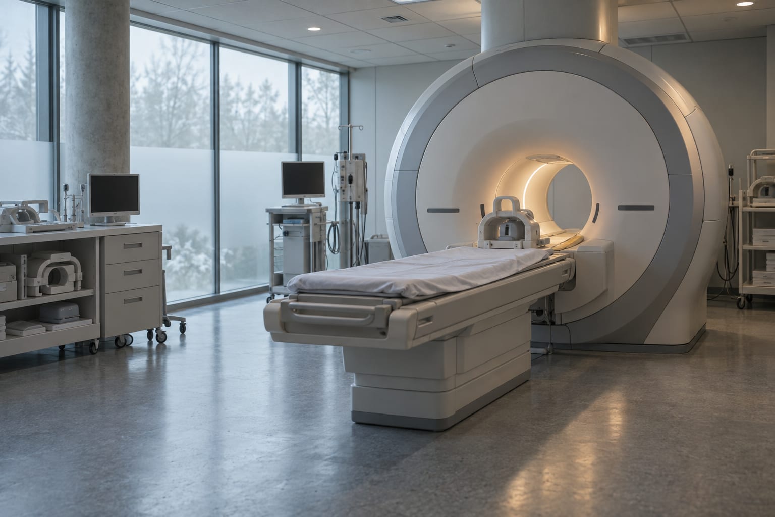An empty MRI scanner and patient table sit inside an anonymous imaging suite under cool daylight.