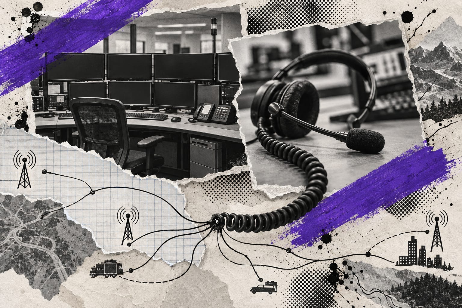 A layered collage shows an unbranded dispatch console and headset linked by black ink lines and violet paint on off-white paper.