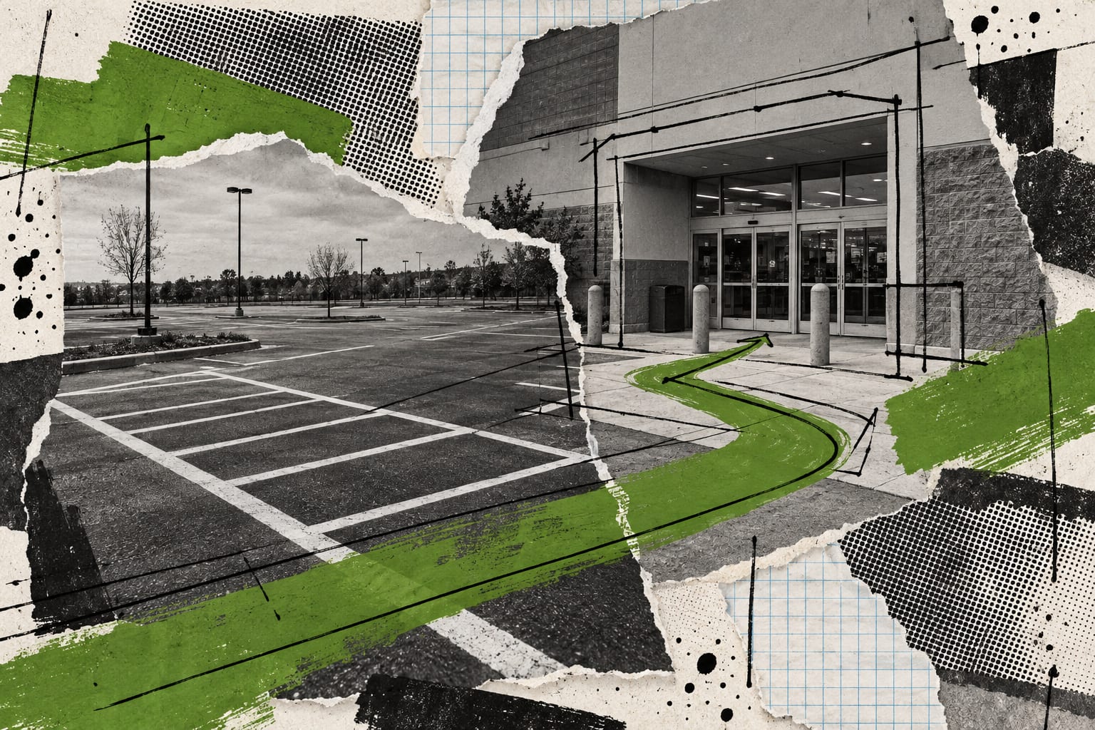 An editorial collage shows an empty parking area and a generic retail entrance with ink paths and green brush strokes.
