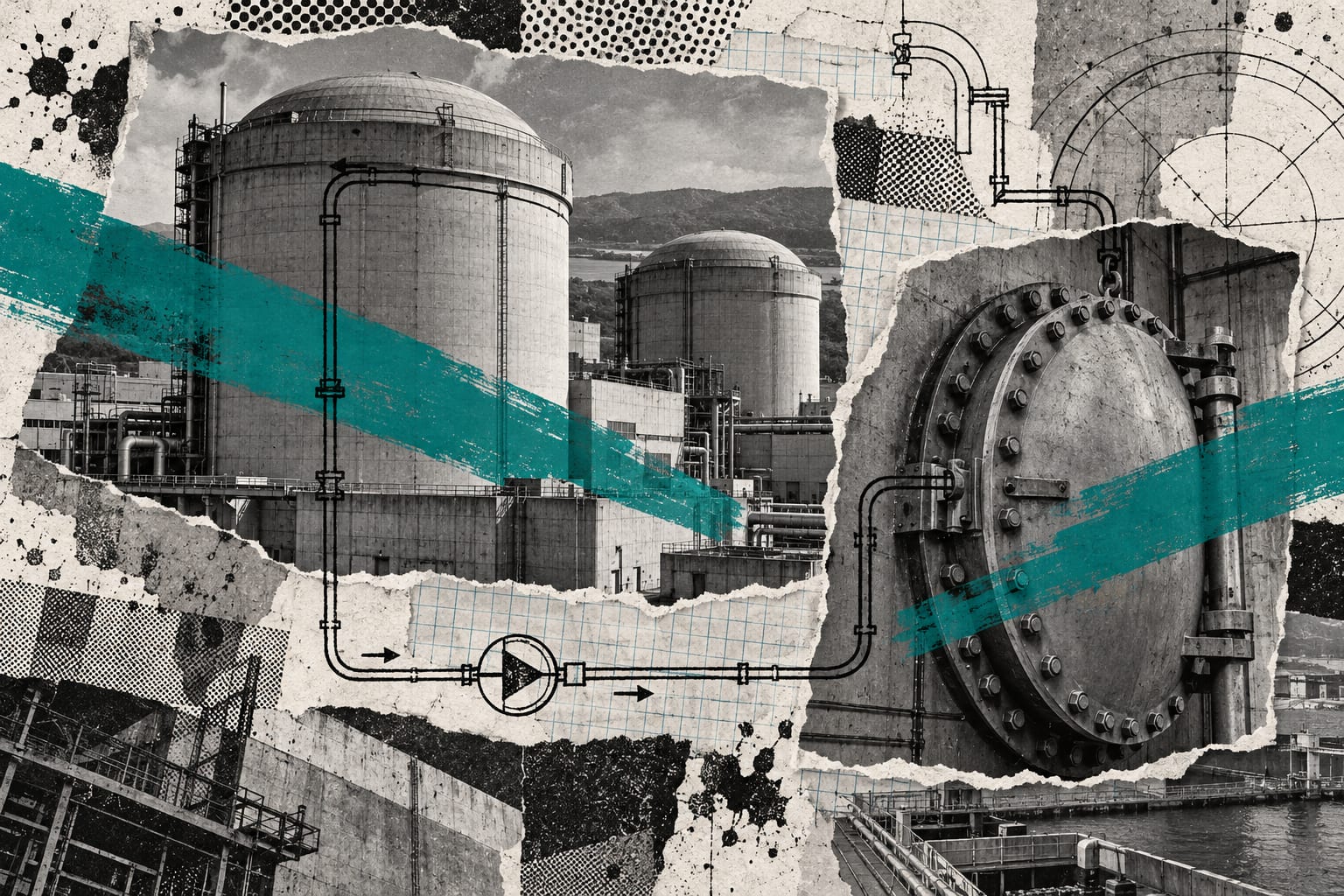 A collage combines anonymous reactor containment structures, ink piping and teal brush strokes on textured paper.
