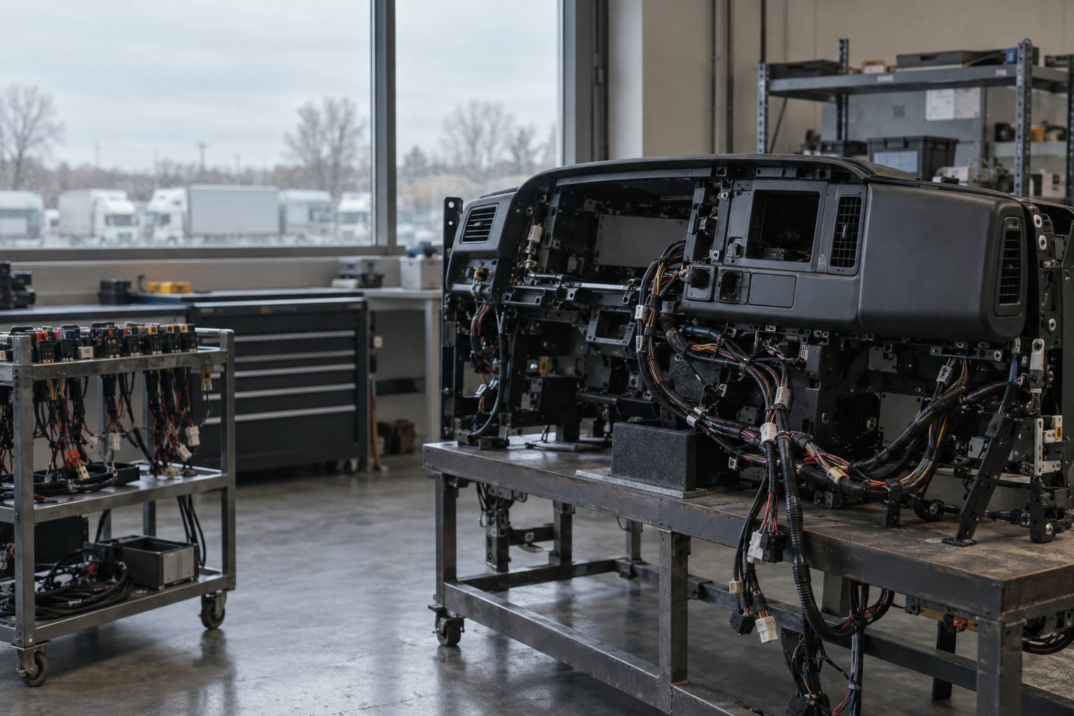 An unbranded truck dashboard assembly with exposed wiring sits in an automotive electronics workshop.