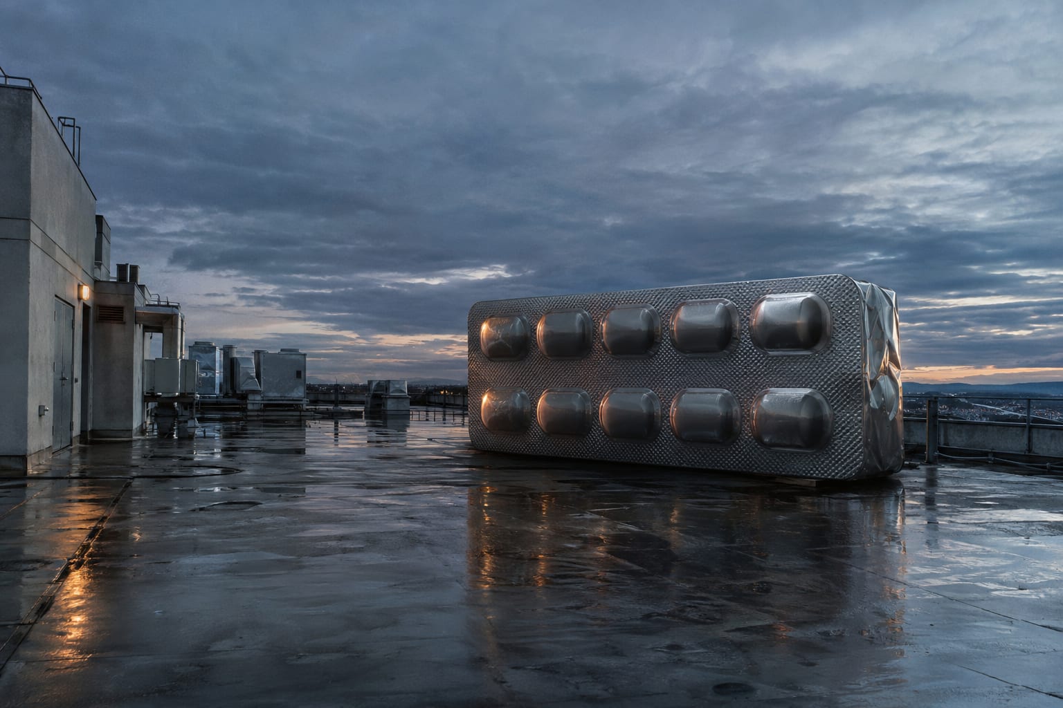 An oversized blister pack rests on a wet rooftop at an anonymous biomedical research building at blue hour.