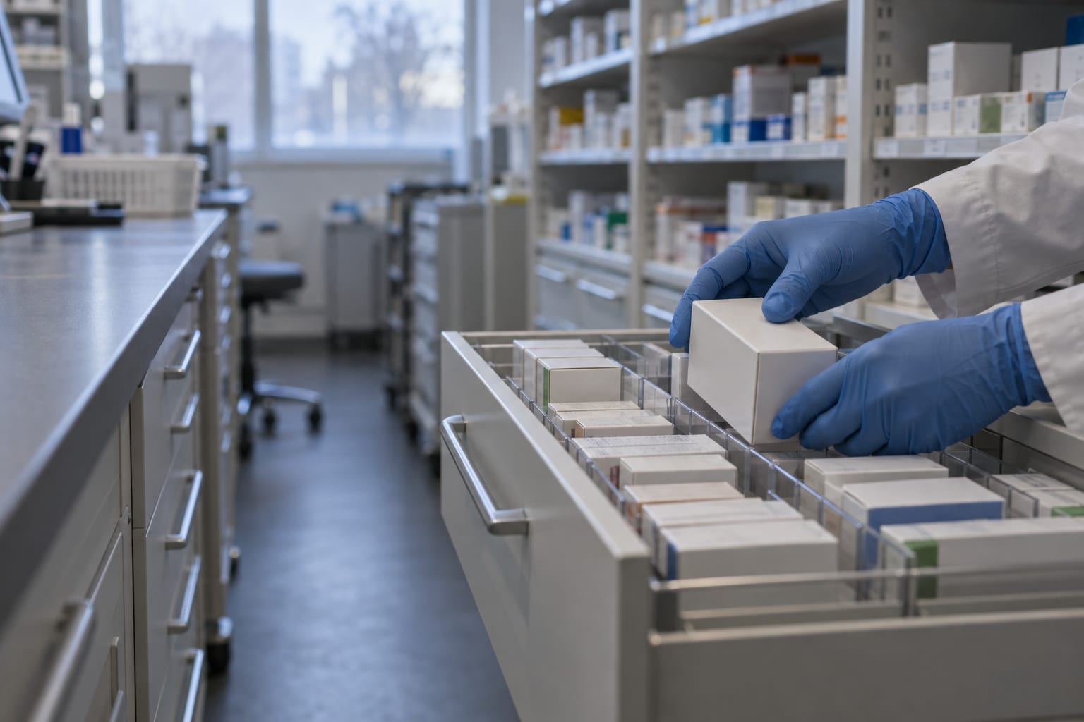 Gloved hands arrange unmarked medicine cartons in a quiet pharmacy dispensary.