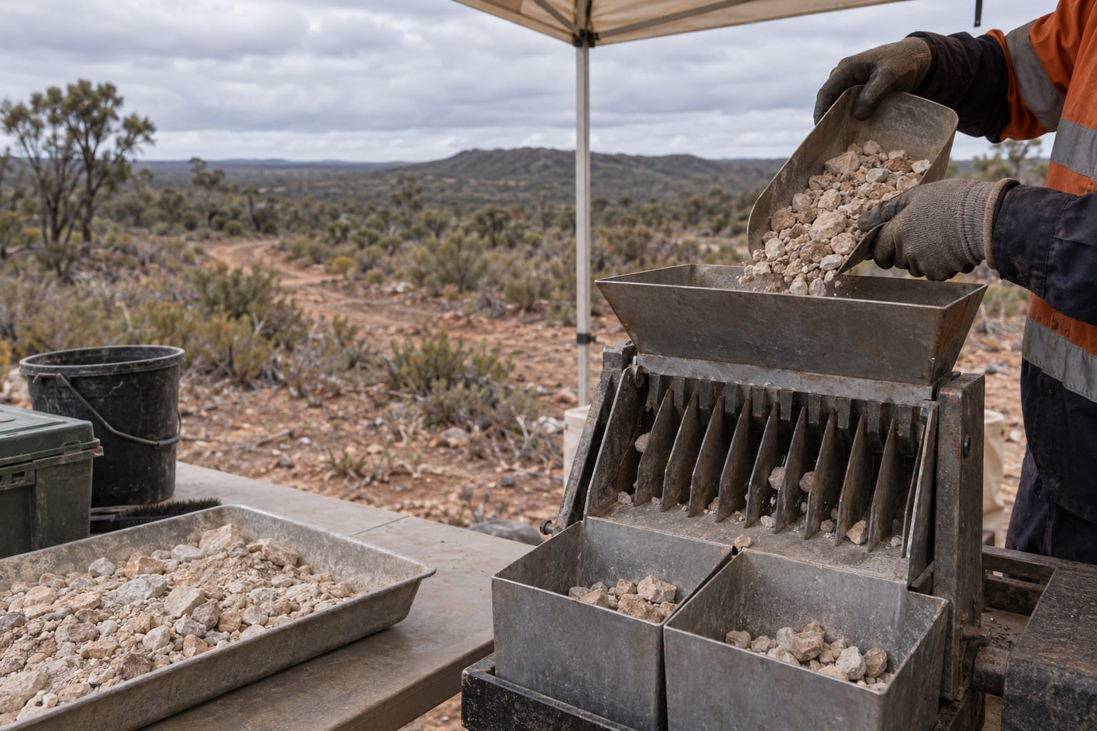 Gloved hands feed pale rock chips into a sample splitter beneath a canvas field shelter.