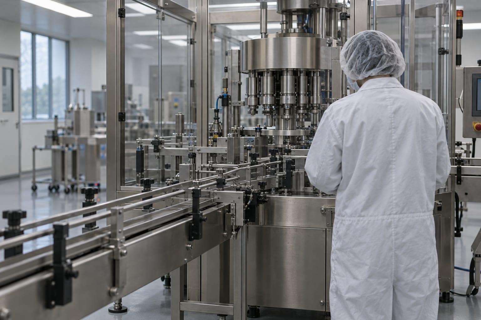 A technician seen from behind inspects enclosed machinery on a pharmaceutical manufacturing line.