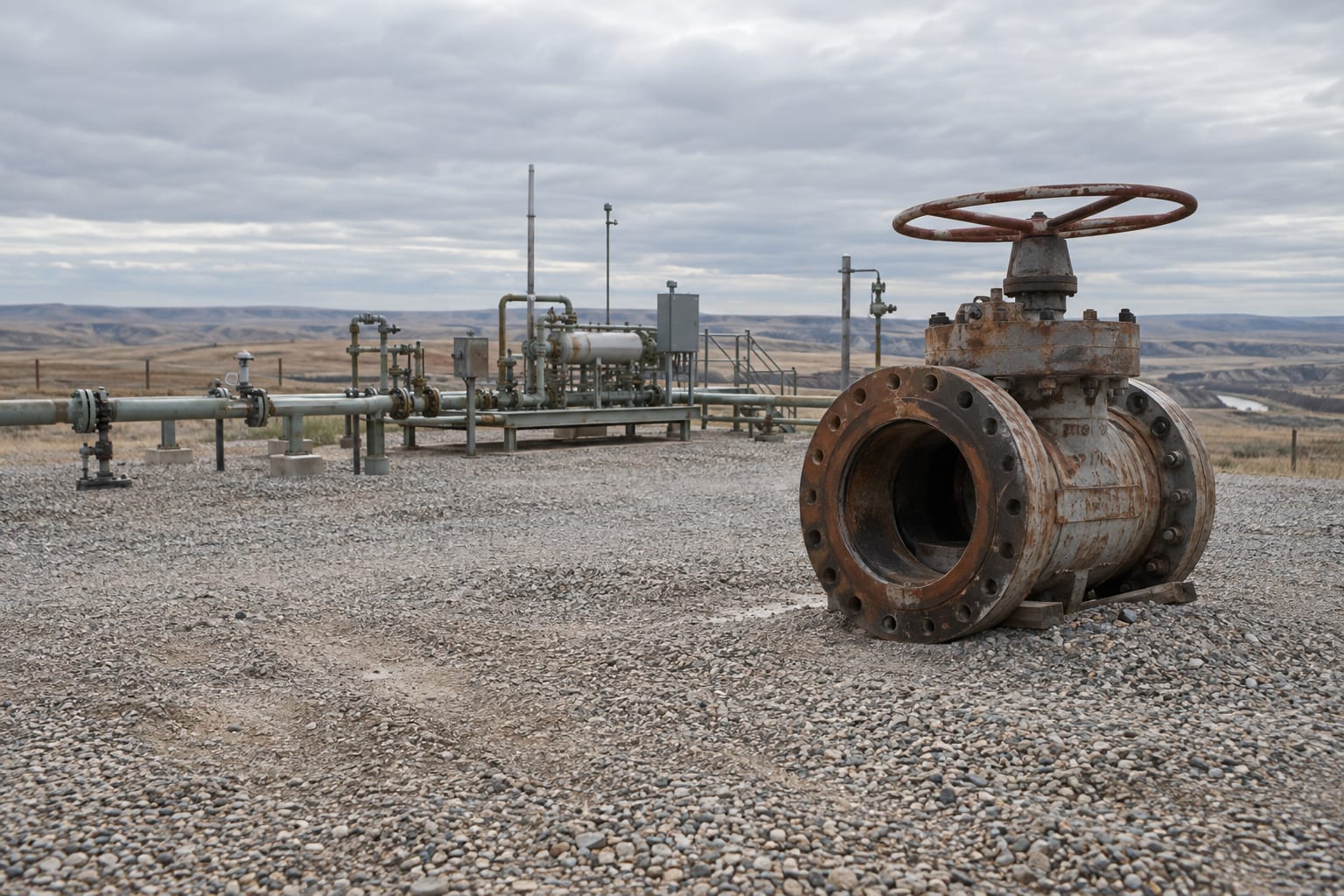 An oversized steel pipeline valve rests beside an anonymous gas gathering junction under an overcast sky.