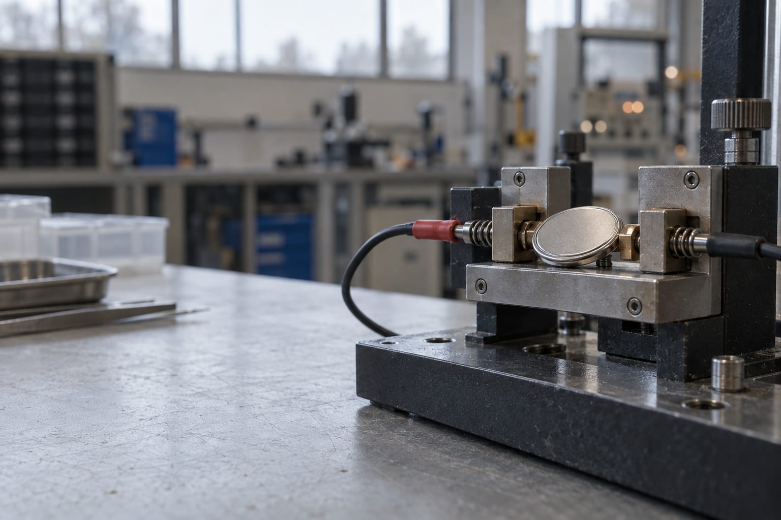 A coin cell sits in an electrical test clamp on a workbench in a generic battery pilot workshop.