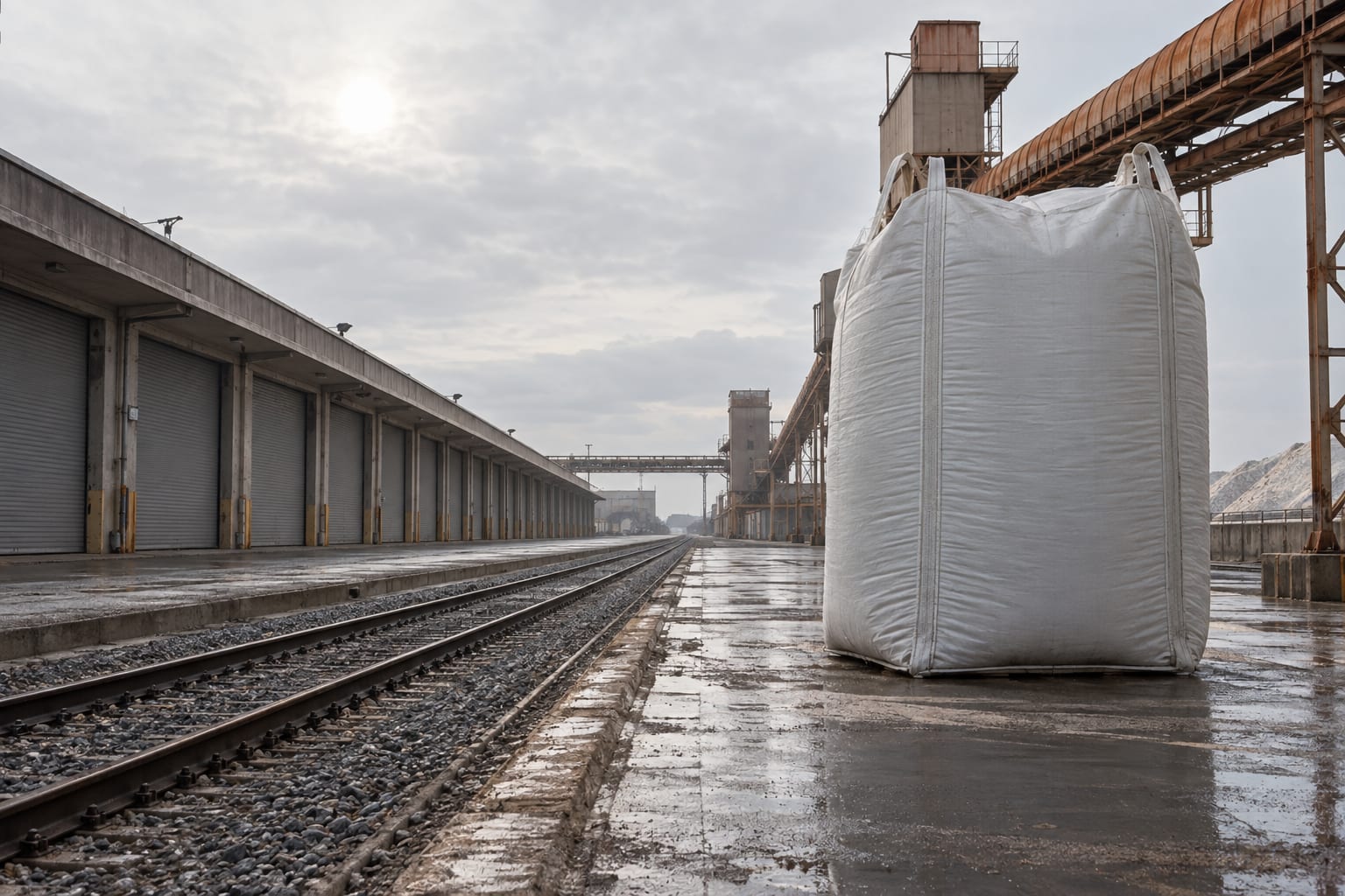 A giant unmarked white bulk bag stands beside empty rail tracks at an anonymous alumina loading platform.