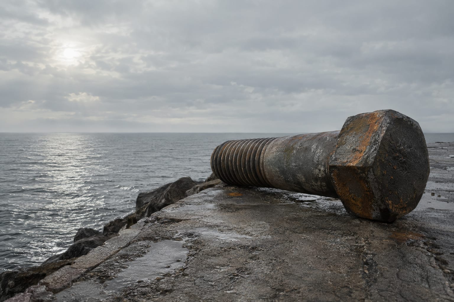An oversized steel turbine bolt rests on a concrete breakwater beside a grey sea.