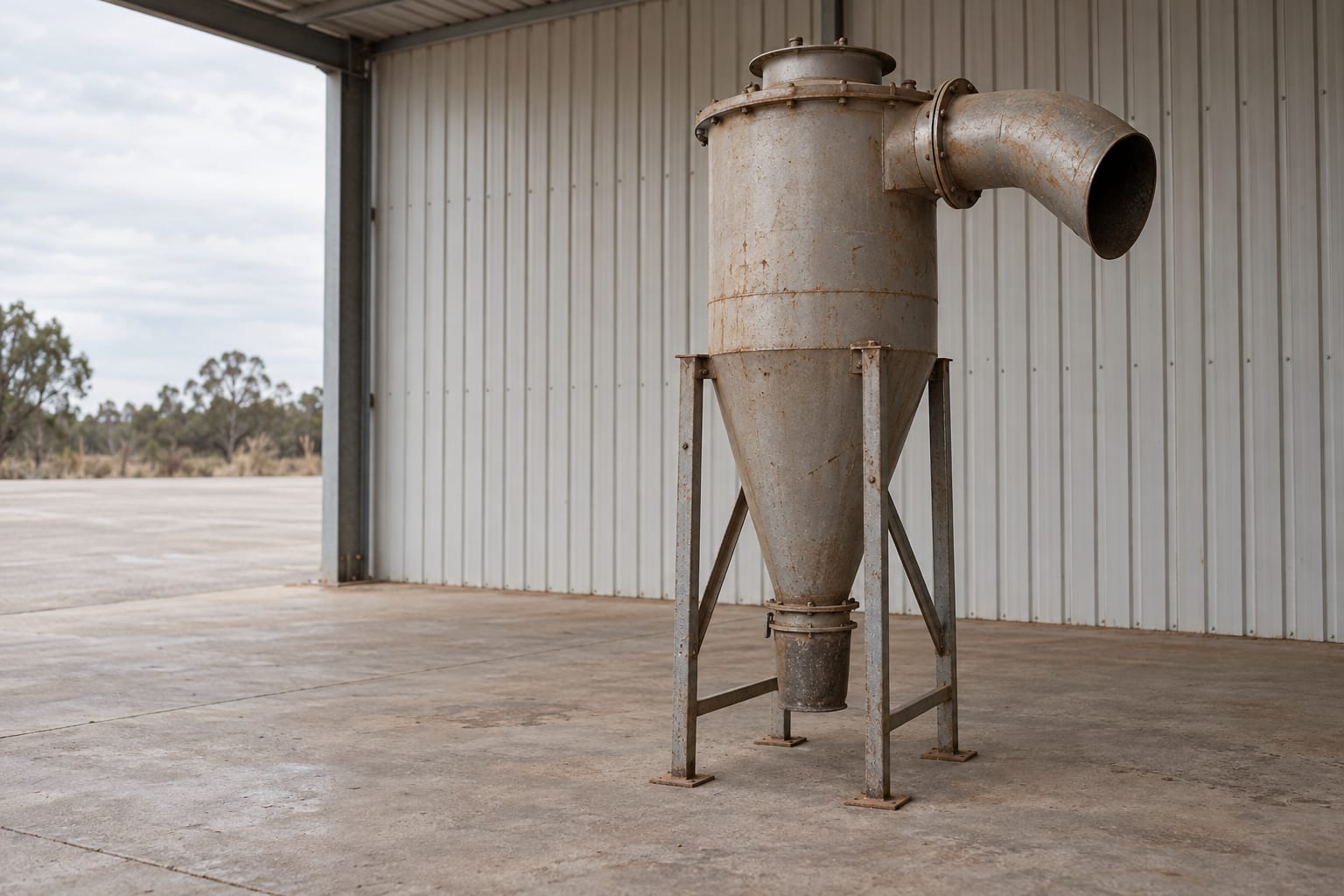A reverse circulation sampling cyclone stands on a concrete apron outside a field workshop.