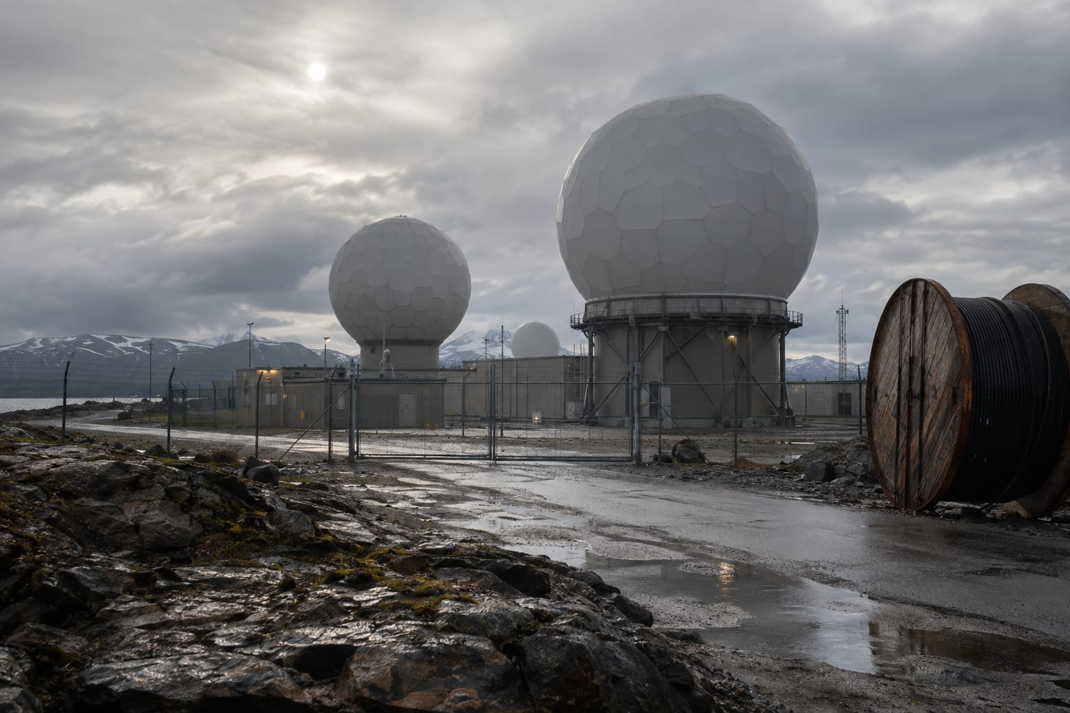 An oversized fibre spool stands beside unmarked satellite antennas under an overcast sky.