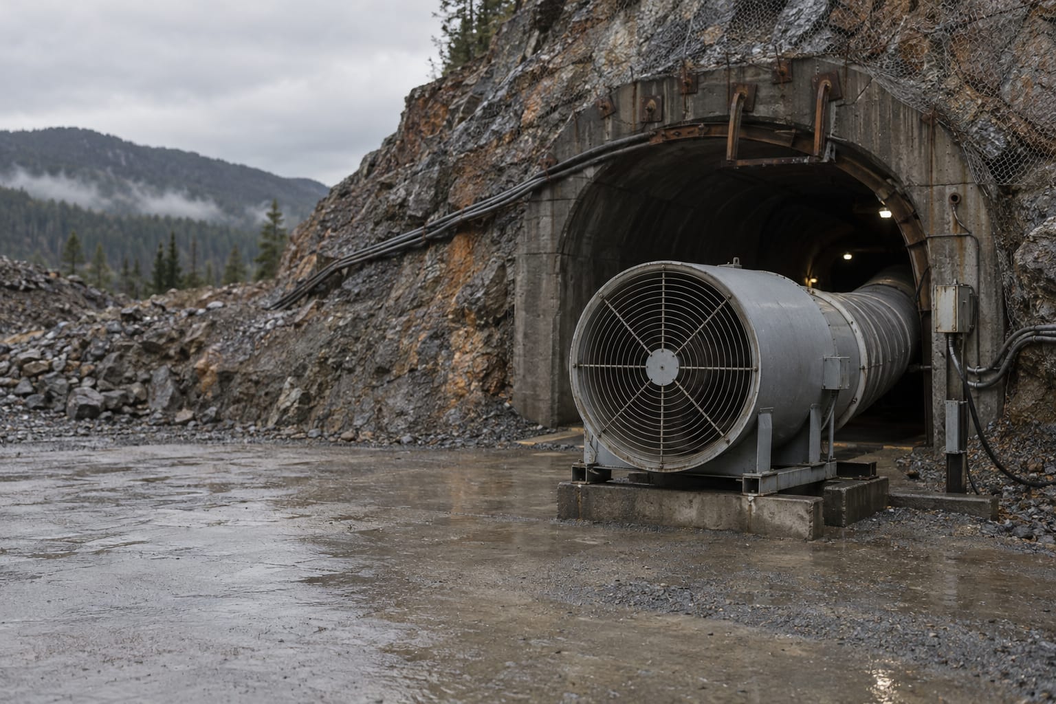 A steel ventilation fan stands beside a generic underground mine entrance under an overcast sky.