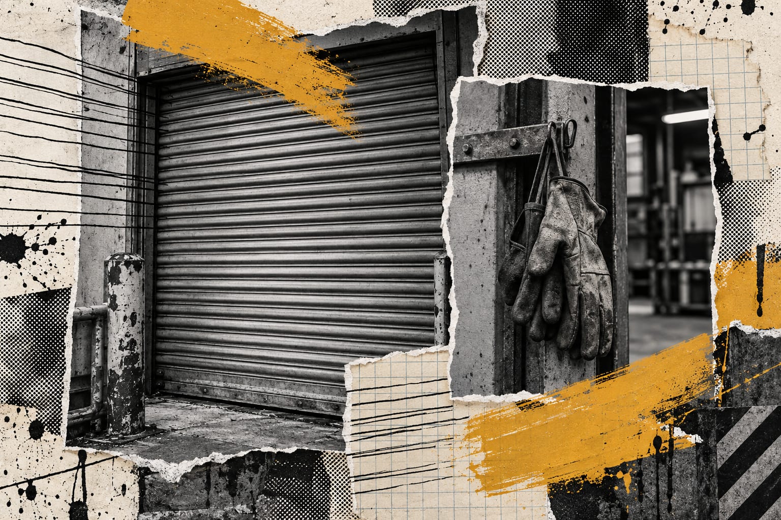 Black-and-white factory shutters and hanging work gloves overlap with ink lines and ochre paint in an editorial collage.