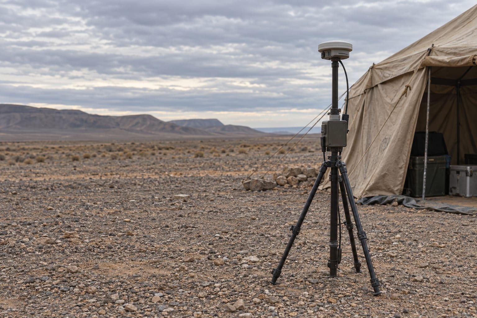 A portable magnetometer stands beside an empty canvas field tent under an overcast sky.