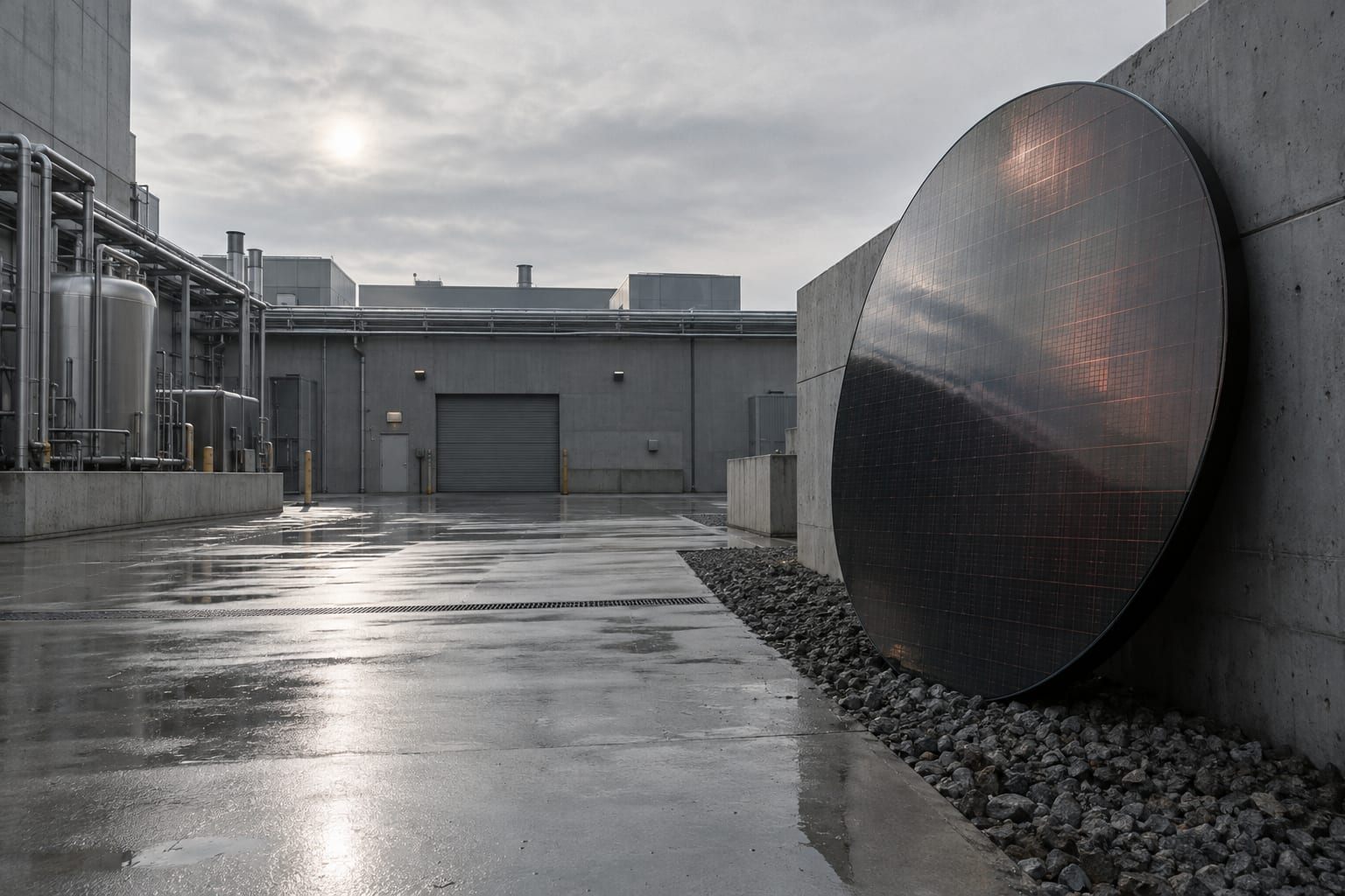 An oversized silicon wafer leans against a low wall in an anonymous semiconductor factory courtyard.