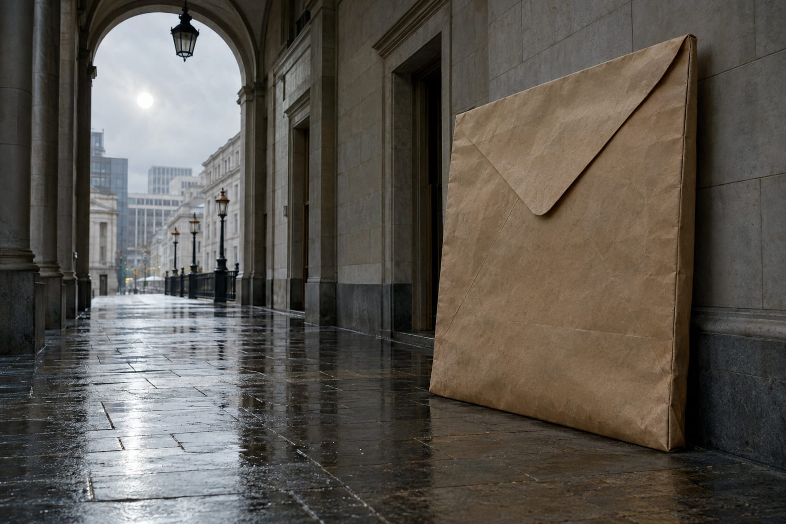 An oversized blank paper payment envelope rests against a wall in a generic financial district arcade.
