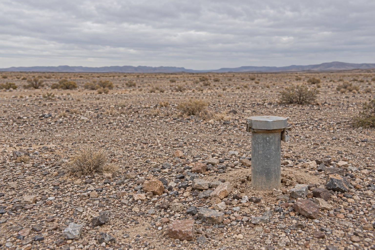 A documentary-style illustration shows a groundwater monitoring wellhead on a stony desert plain beneath overcast skies.