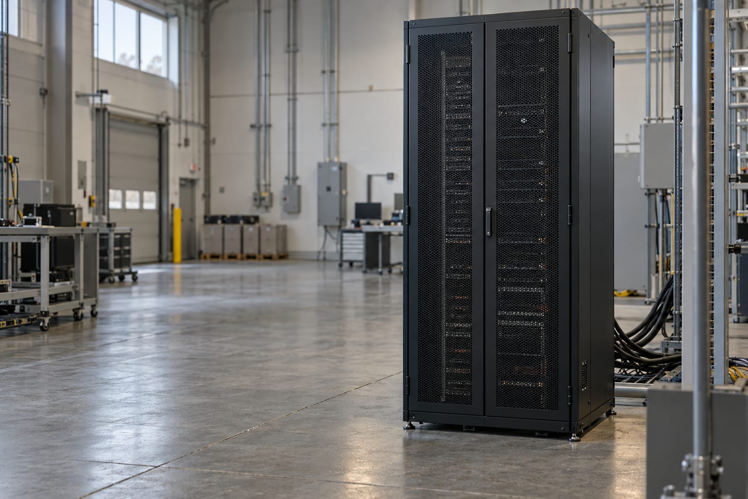 An unbranded server rack stands on a test floor beside plain diagnostic cables in an anonymous equipment facility.