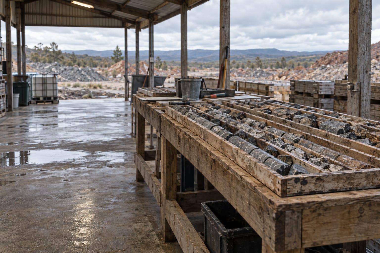 Drill core trays sit on a timber logging bench inside an open-sided exploration shed.