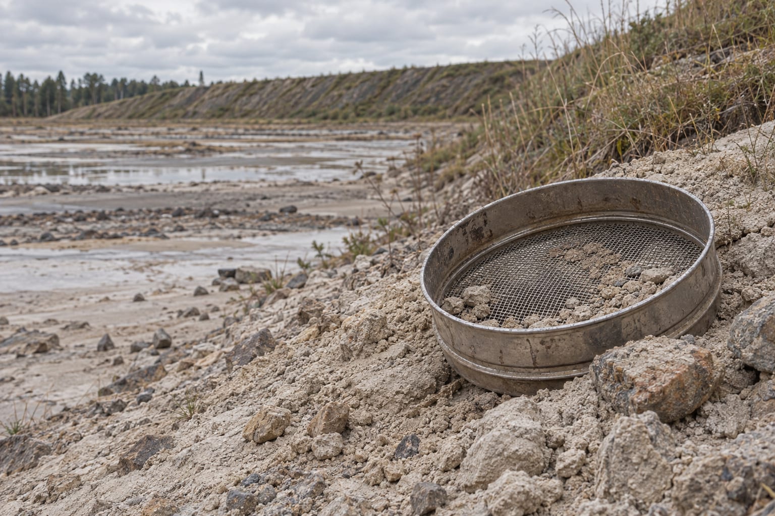 A field sieve rests on sandy mine tailings beside a grassed dam embankment.