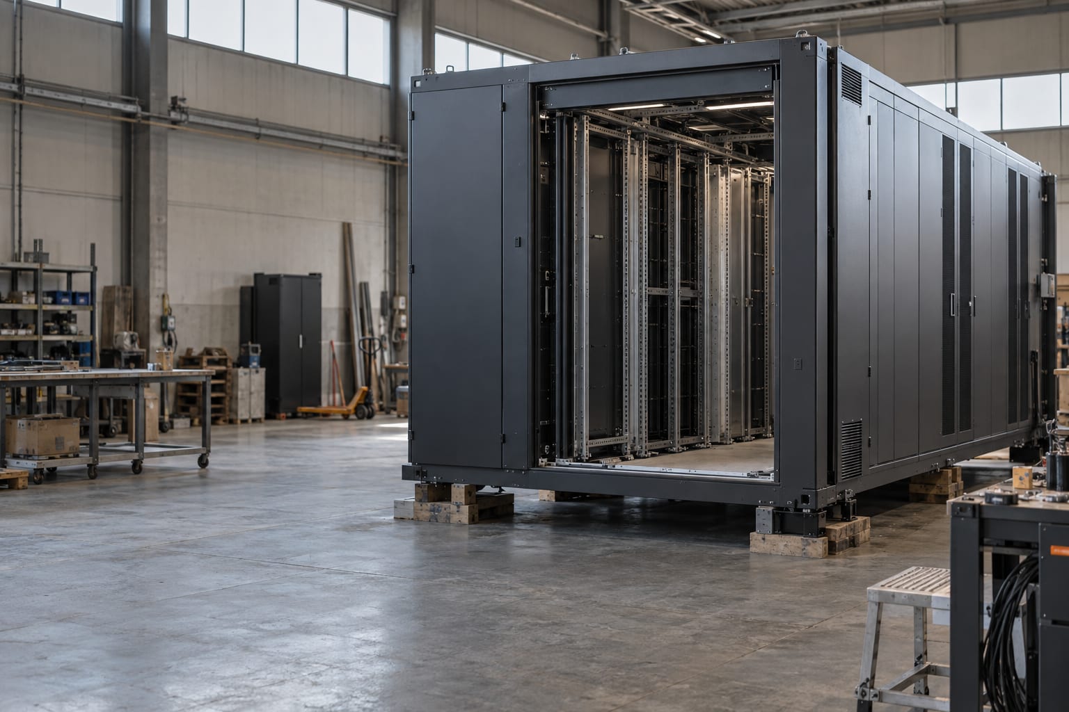 A modular data-centre enclosure stands on supports inside a fabrication workshop, with an open panel revealing empty mounting rails.