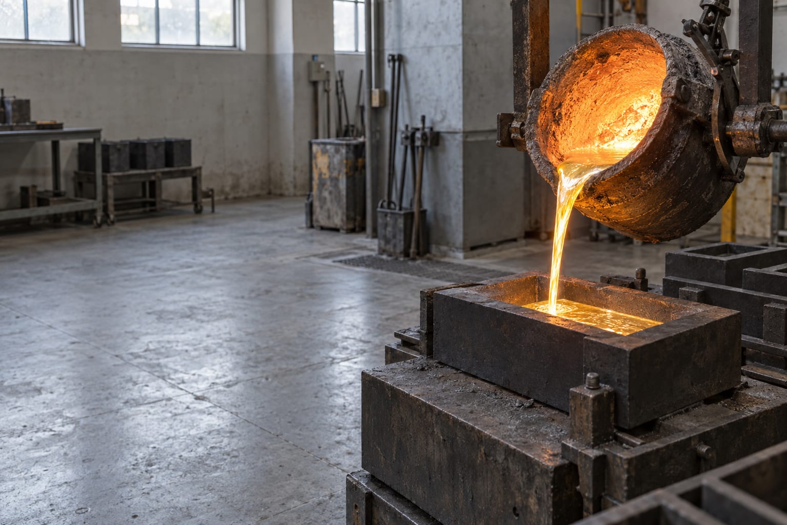 A gold casting mould receives a narrow stream of molten metal in a generic processing room.