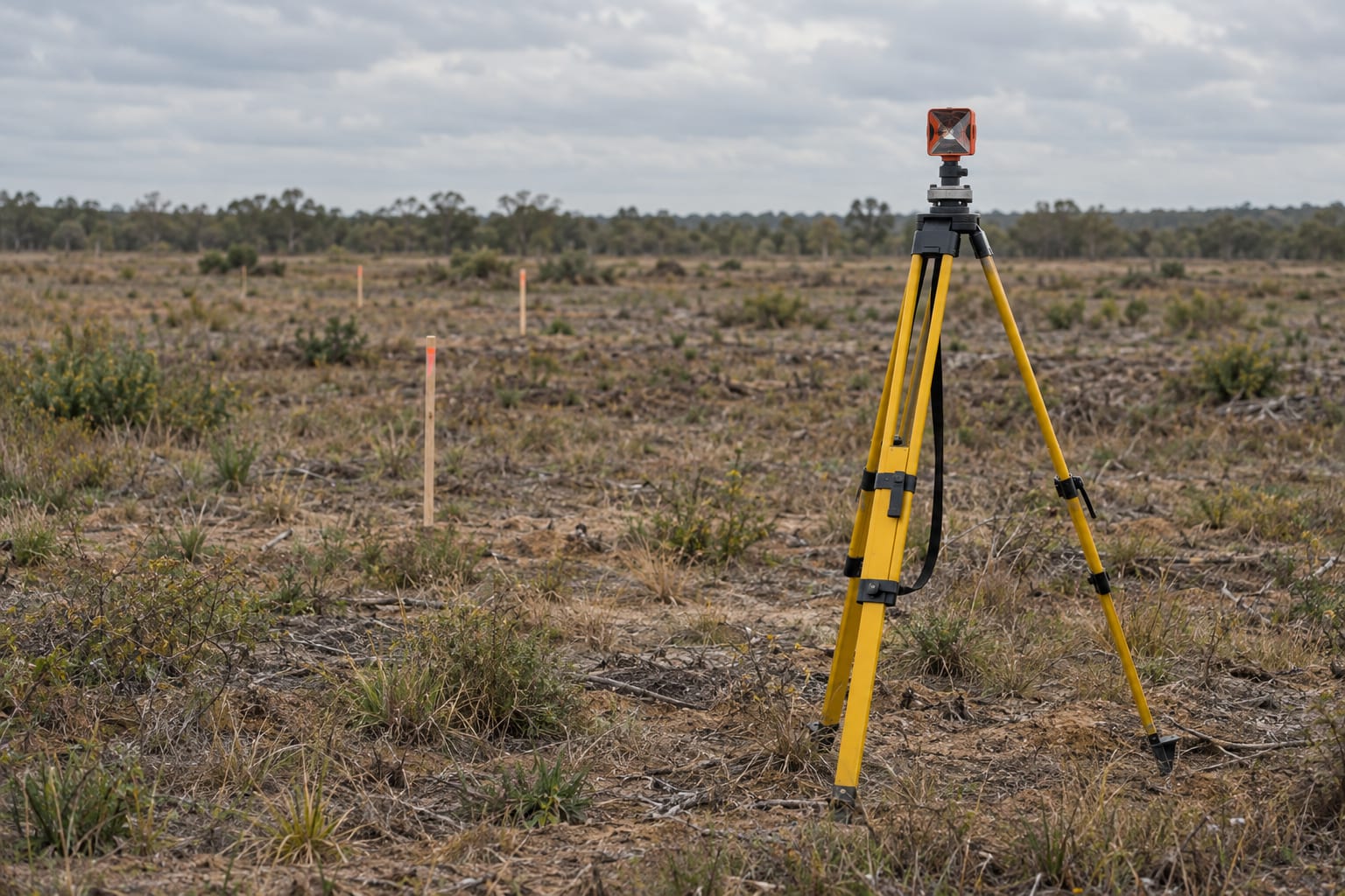 A survey tripod and prism stand in an undeveloped scrub field beneath an overcast sky.