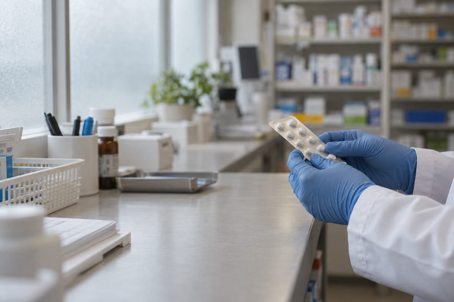 Gloved hands check an unmarked blister strip at a pharmacy dispensary counter.