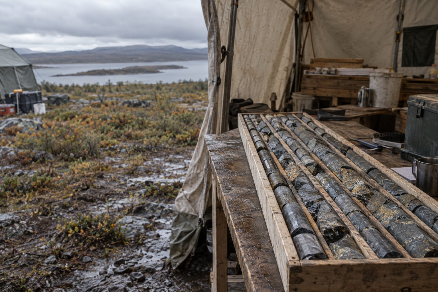 A tray of split drill core rests on a bench beside an open canvas shelter.