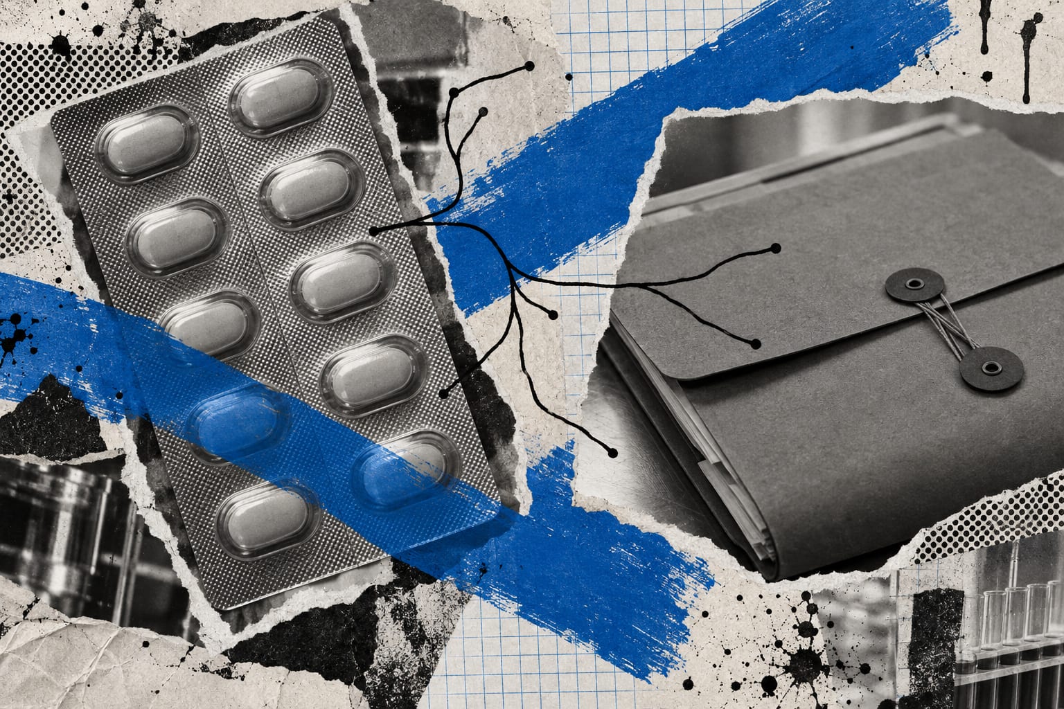 Unmarked tablets and a closed clinical-trial document wallet overlap in a collage with blue brush strokes.