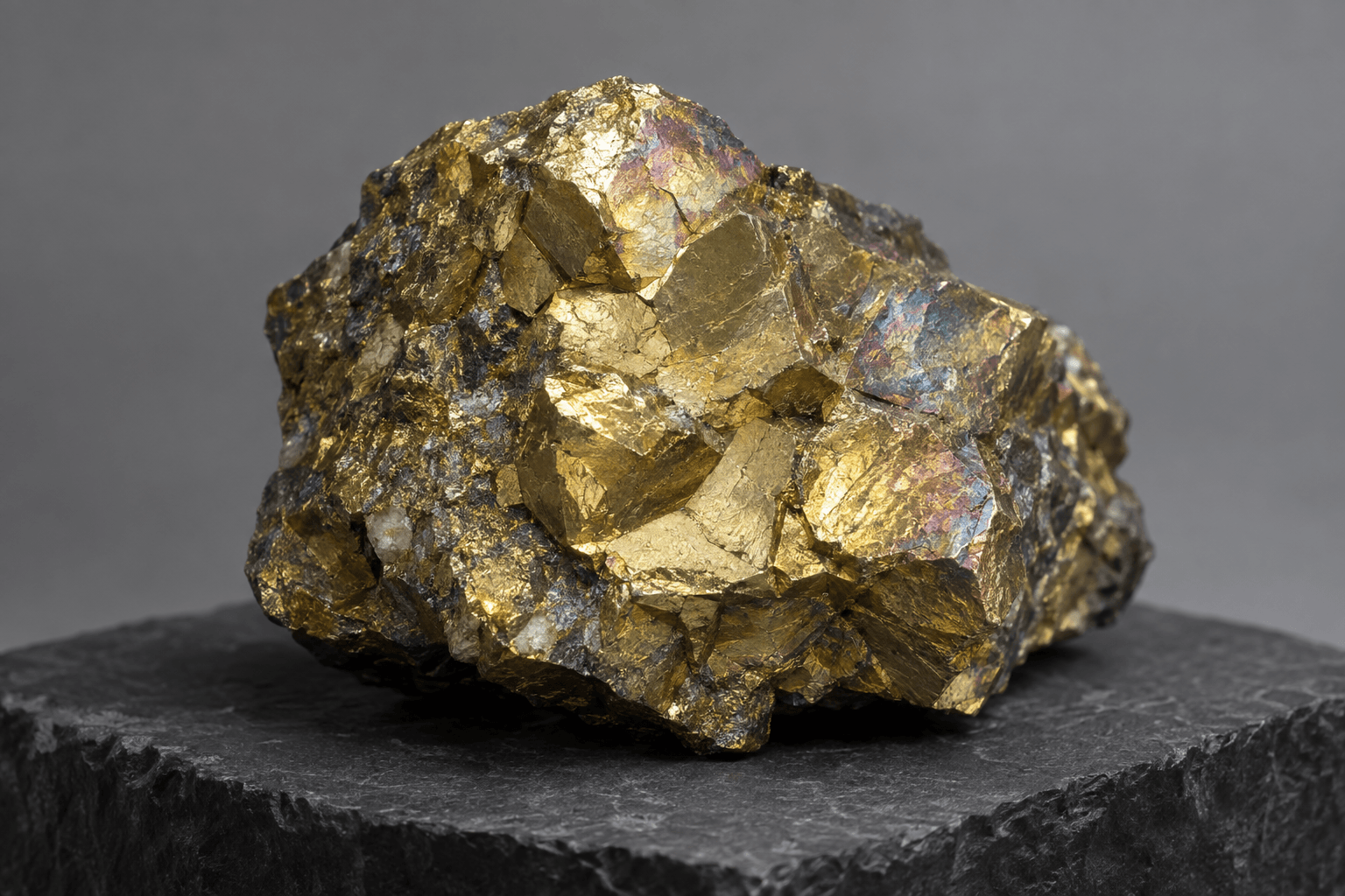 A brassy chalcopyrite specimen resting on a dark stone plinth under controlled studio light against a seamless grey backdrop.