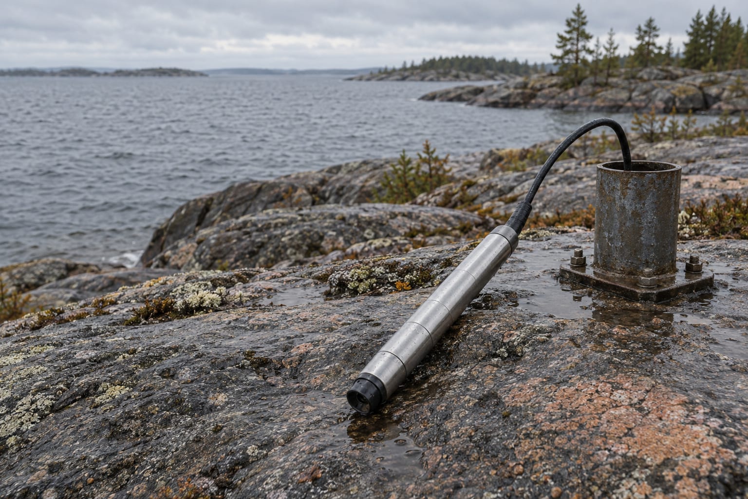 A downhole gamma logging probe sits beside a borehole collar on a grey rocky lakeshore.